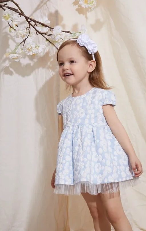 Blue brocade cotton fabric dress with pants. MATCHING BIG SISTER DRESS