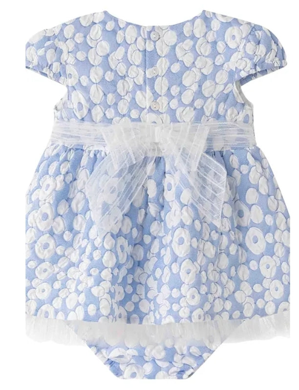Blue brocade cotton fabric dress with pants. MATCHING BIG SISTER DRESS