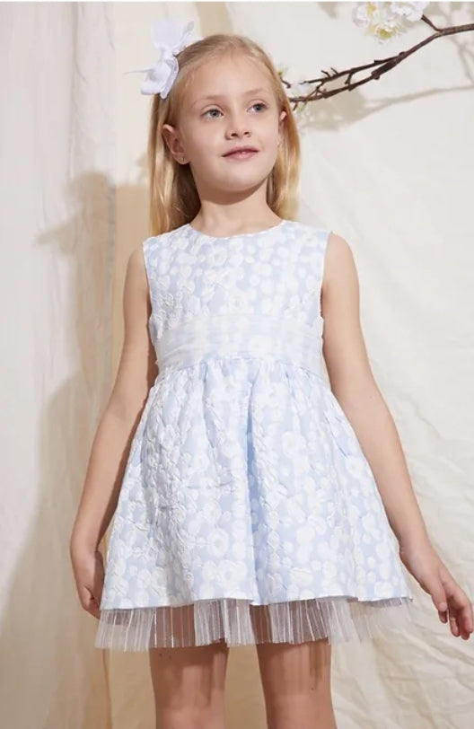 Blue brocade cotton fabric dress with pants. MATCHING BIG SISTER DRESS