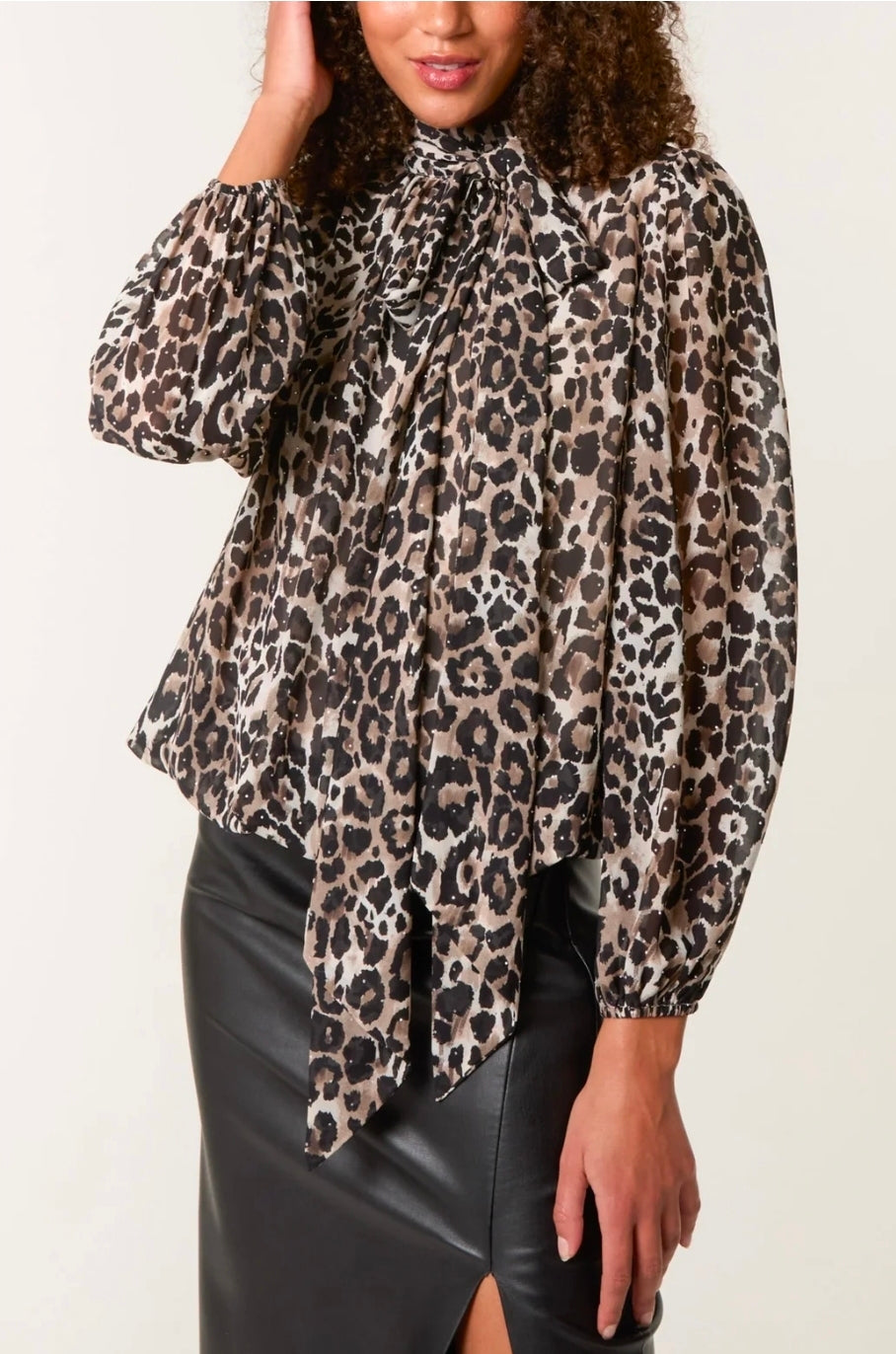 High Tie Neck Diamante Animal Blouse