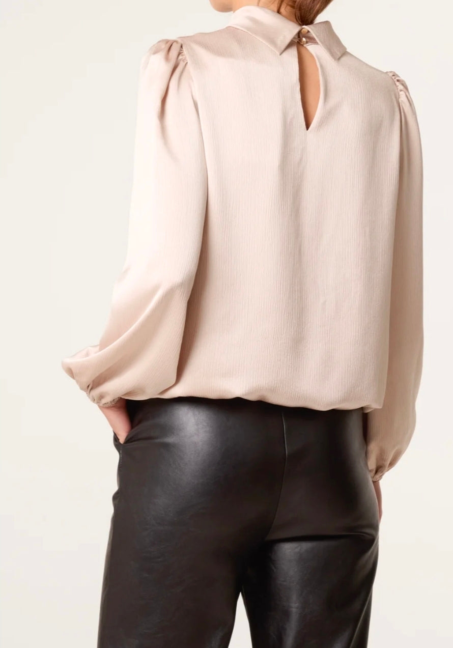 Champagne Satin Feel High Neck Puff Ball Blouse