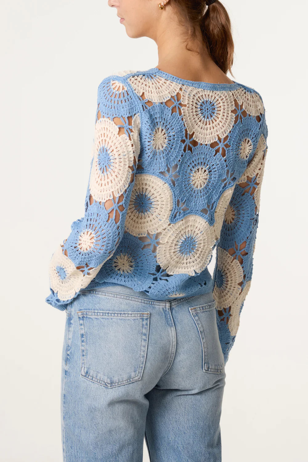 Circular Crochet Floral Patterned Top in Denim Blue