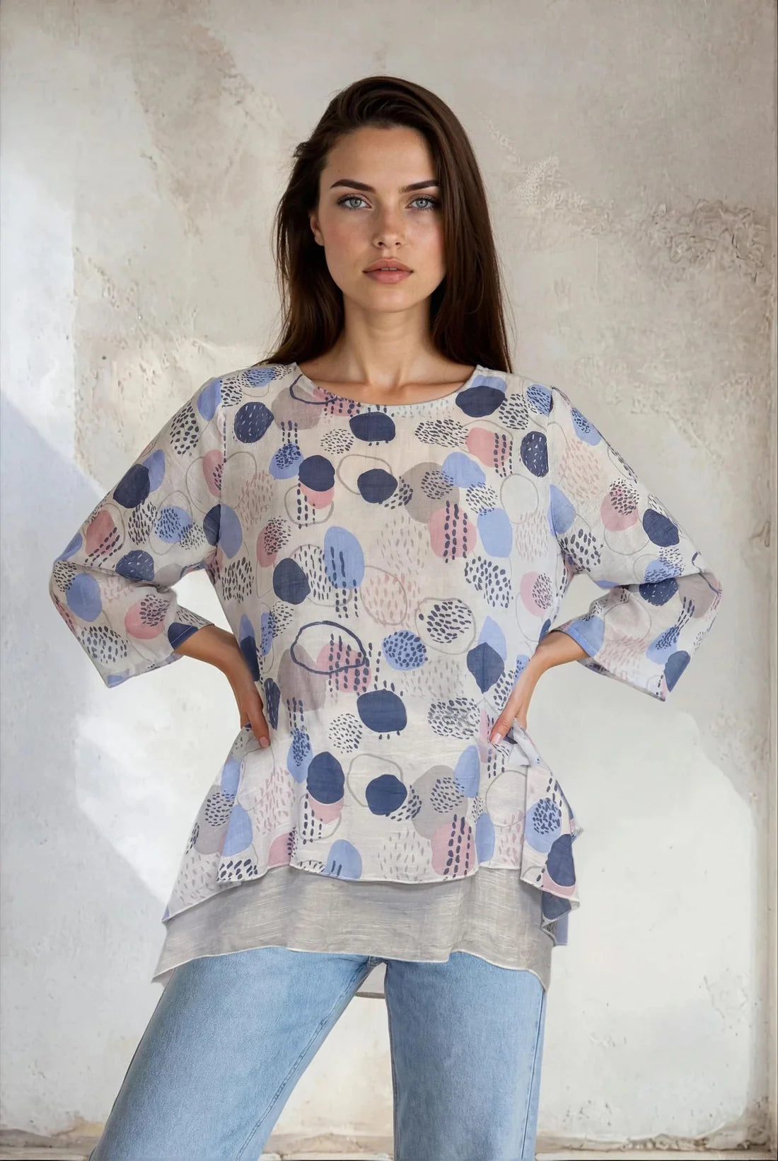 Blue Circle Print Double Layered Tunic