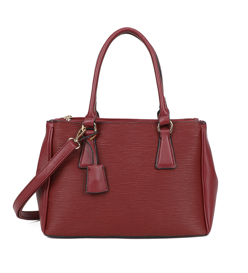 Dark Red Ladies Handbag With Ribbed Detail and Shoulder Strap