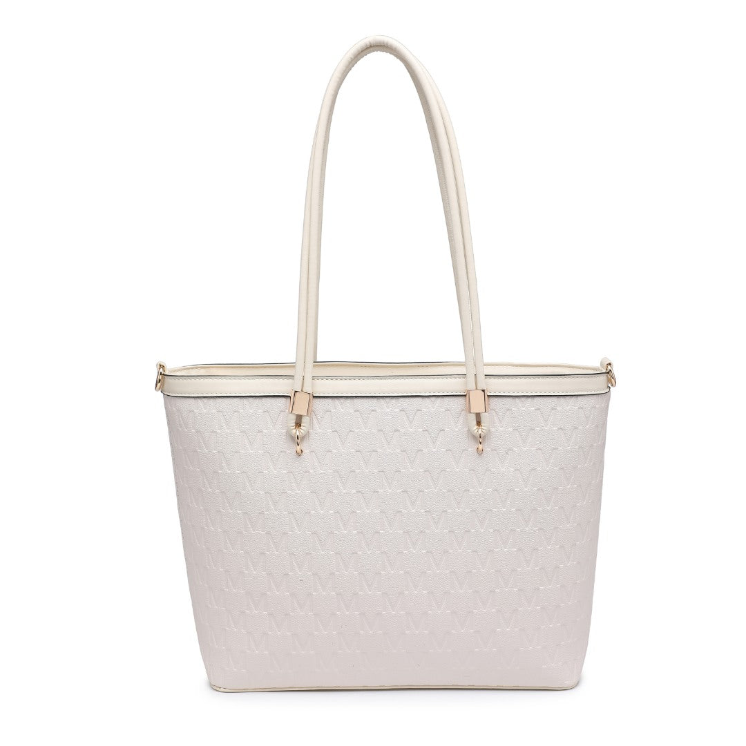 Ladies Handbag with All-Over 'M' Print in Beige
