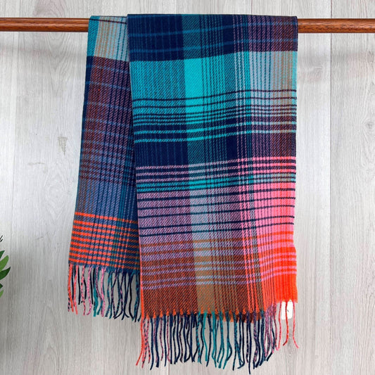 Aqua Checked Fine Winter Scarf With Fringe