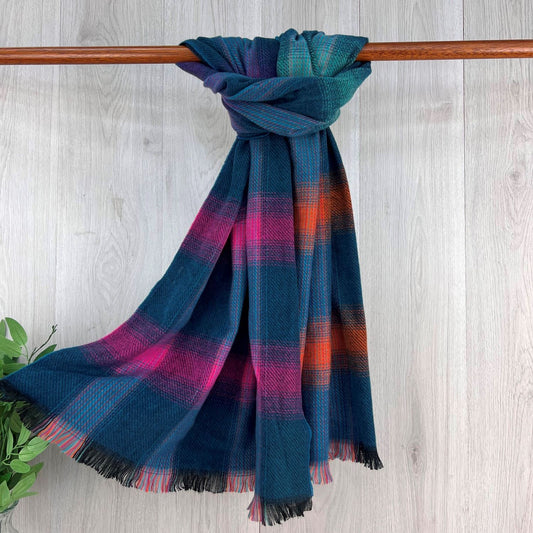 Aqua Fine Checked Winter Scarf With Fringe