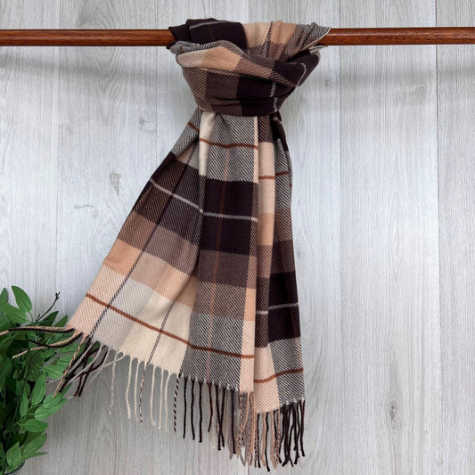Beige Fine Checked Winter Scarf With Fringe