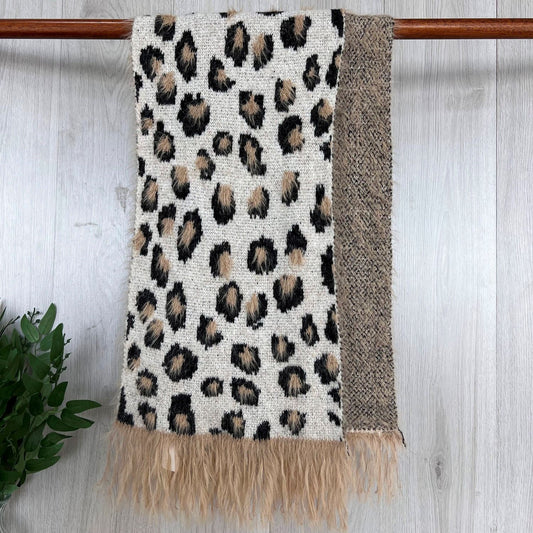 Beige Chunky Winter Scarf With Fluffy Design and Large Fringe