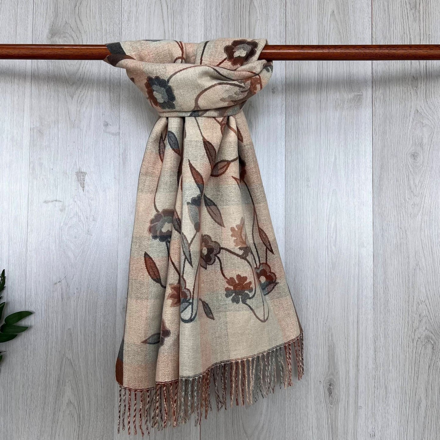Beige Fine Winter Scarf With Floral Design and Fringe