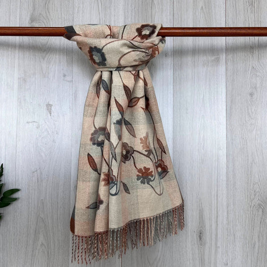Beige Fine Winter Scarf With Floral Design and Fringe