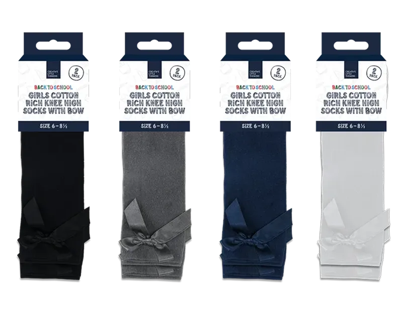 Girls Cotton Rich Knee Socks with Bow - Various Colours