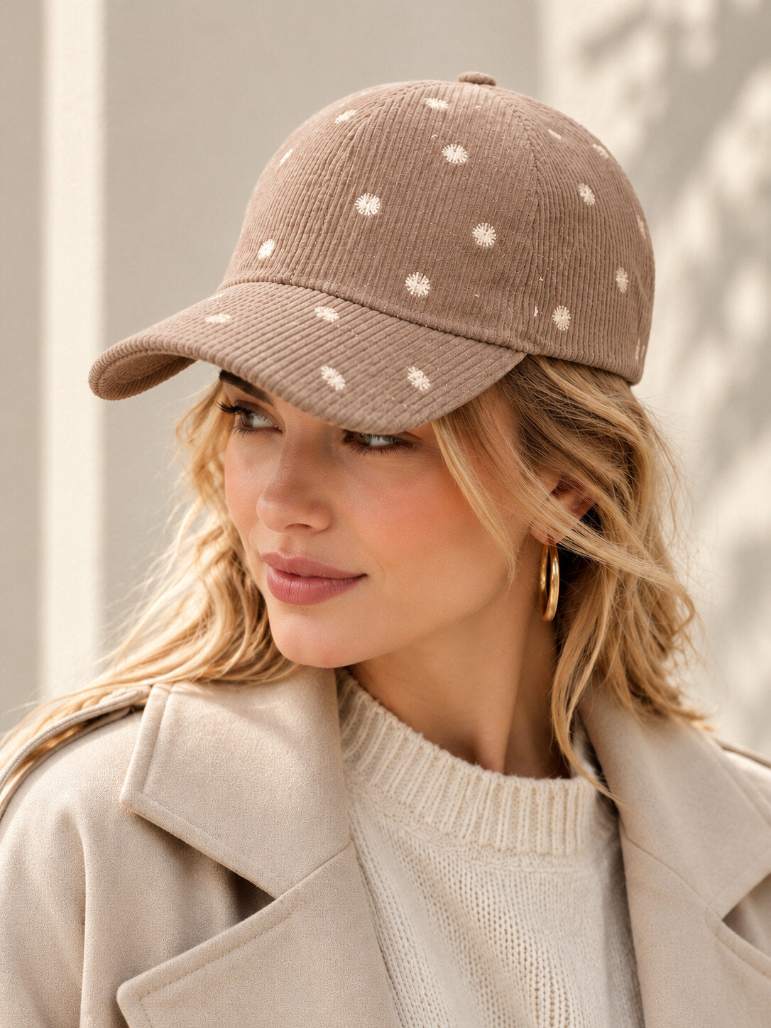 Trendy Polka Dot Corduroy ladies Cap Taupe