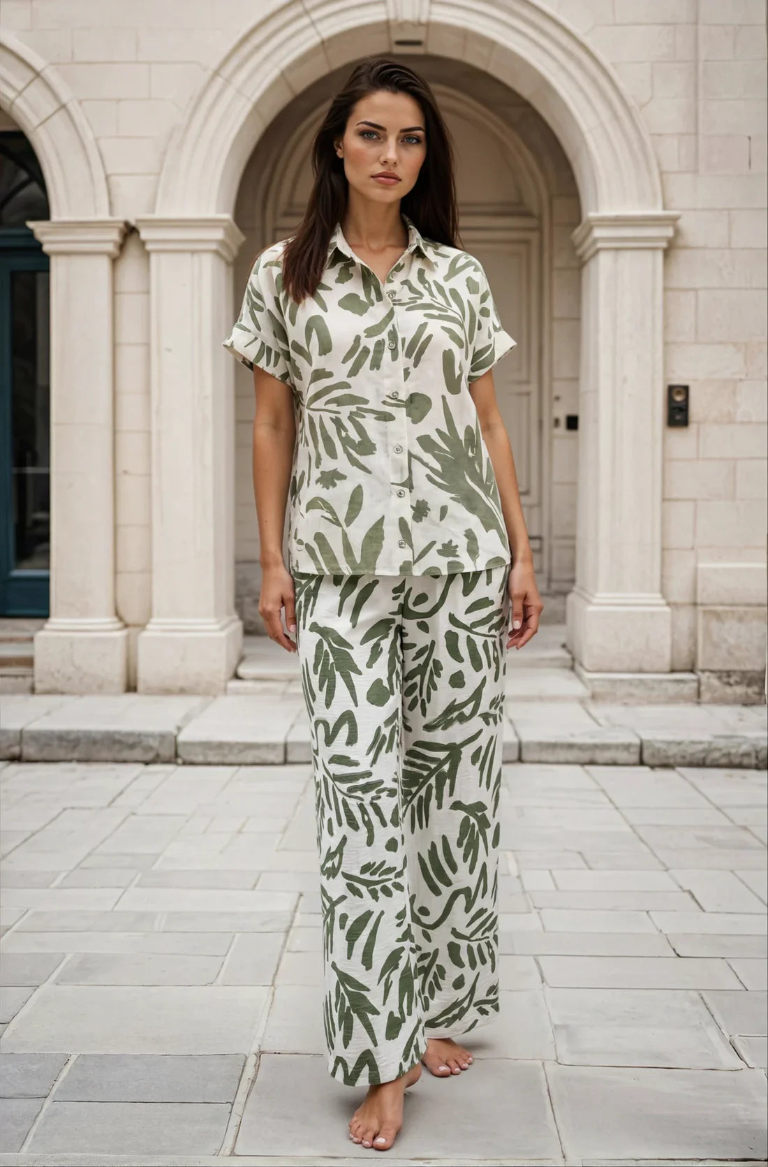 Khaki Leaf Printed Trouser