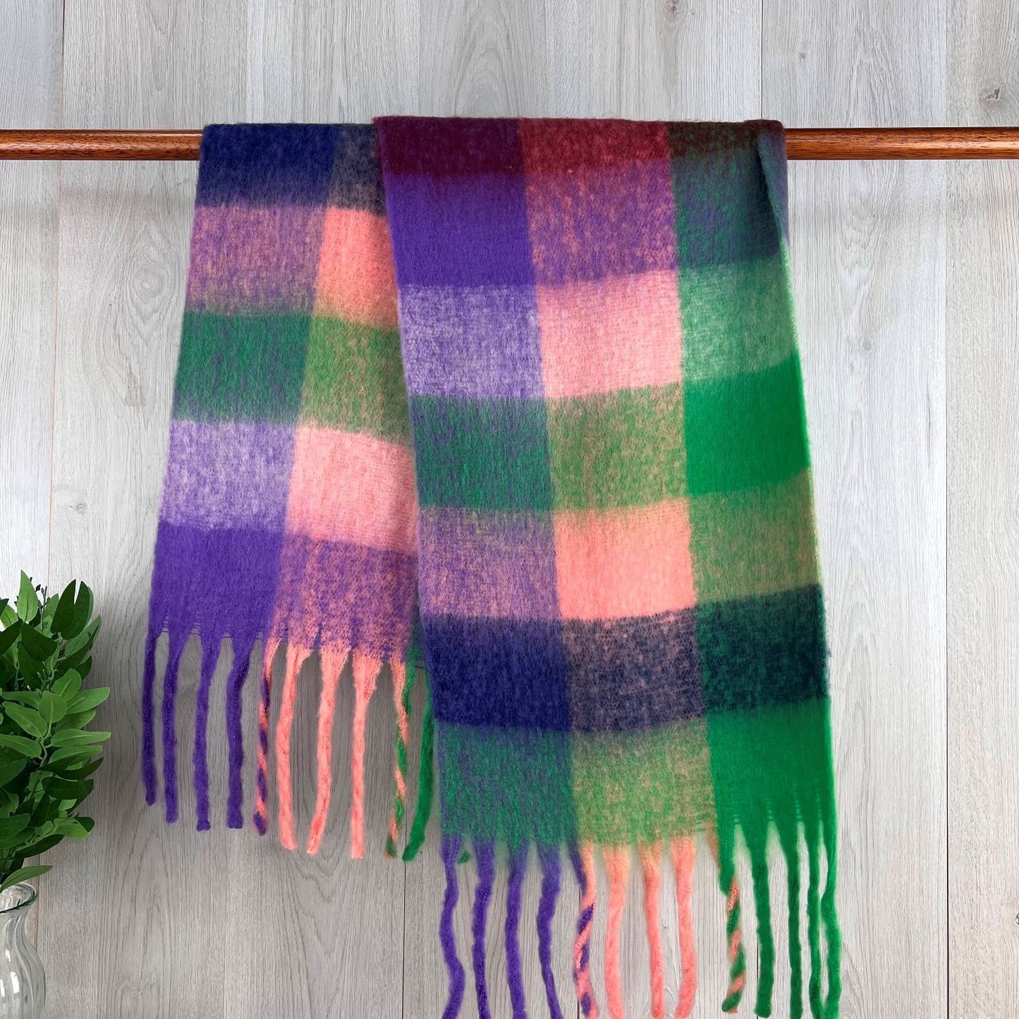 Green and Pink Chunky Winter Checked Scarf With Long Fringe