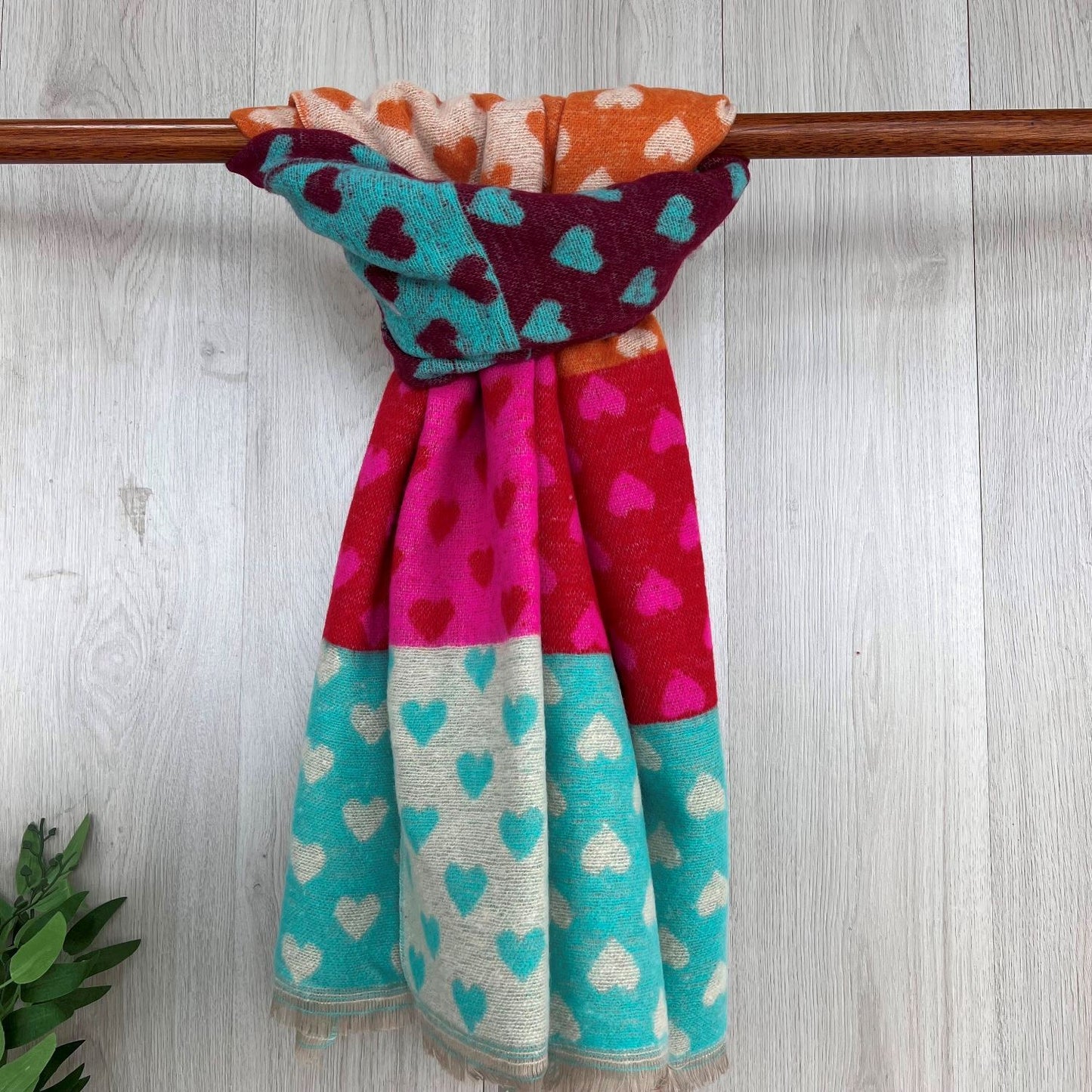 Hot Pink Chunky Winter Scarf With Coloured Heart Squares Design