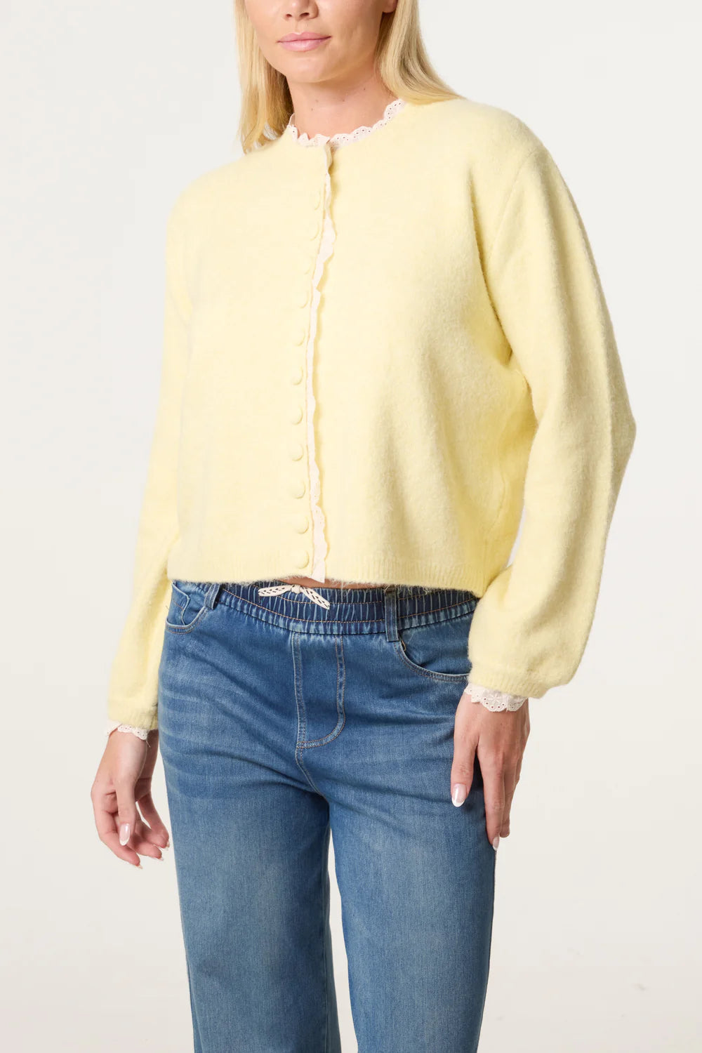Lemon Broderie Anglaise Trim Knit Cardigan