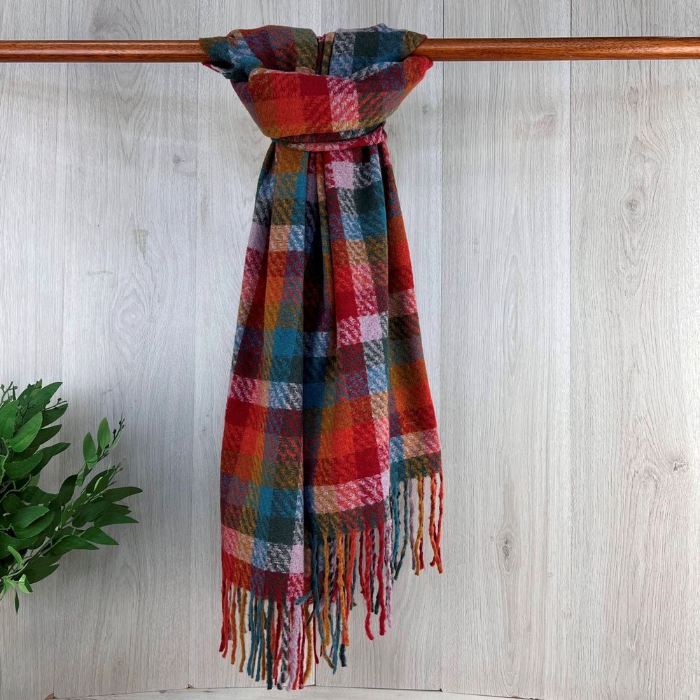 Red Wooly Feel Winter Checked Scarf With Fringe