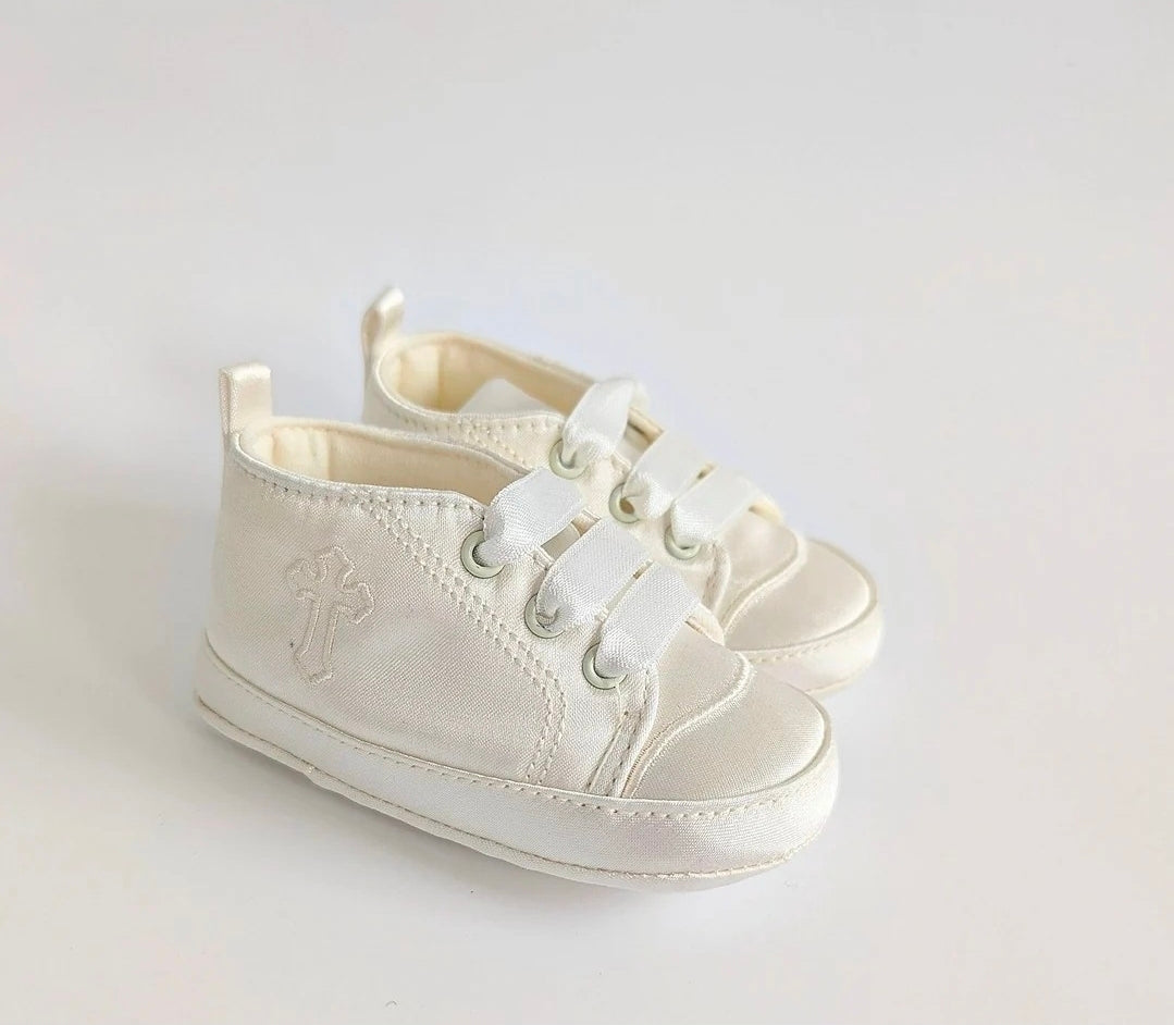Baby Boys Soft Cream Christening Shoe, with Ribbon Tie Lace, Finished with Embroidered Cross.