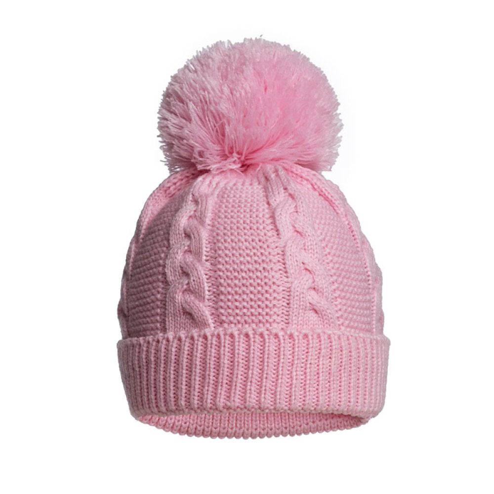 Pink Cable Knit Baby Hat with Pompom
