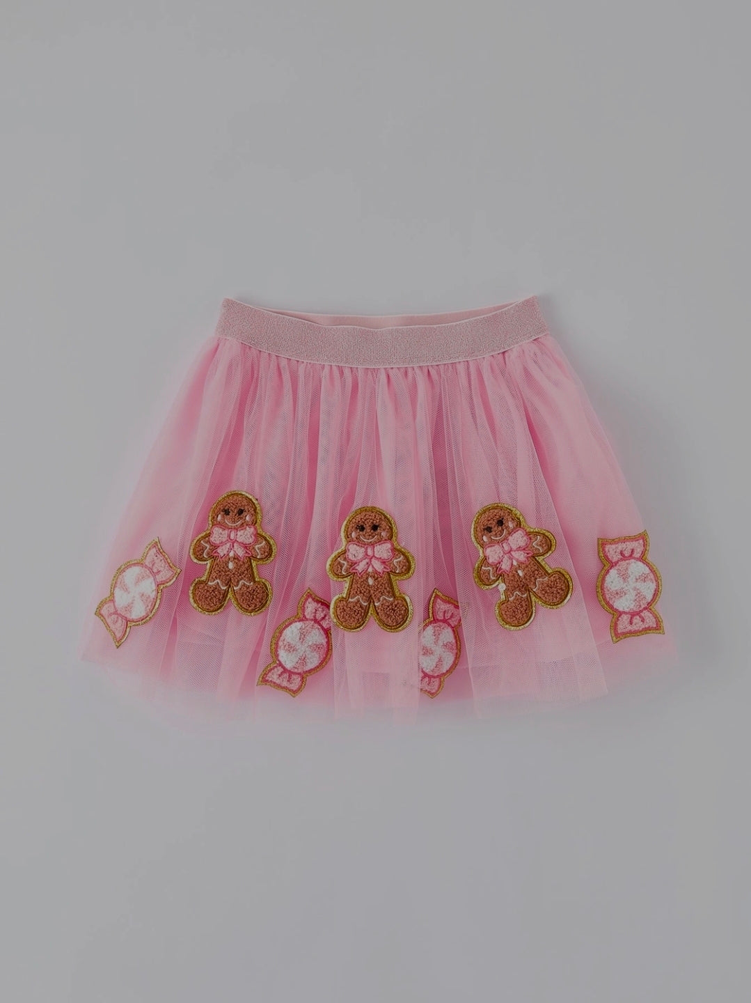 Girls Christmas Tutu Skirt - Pink Mesh with Gingerbread & Candy Applique