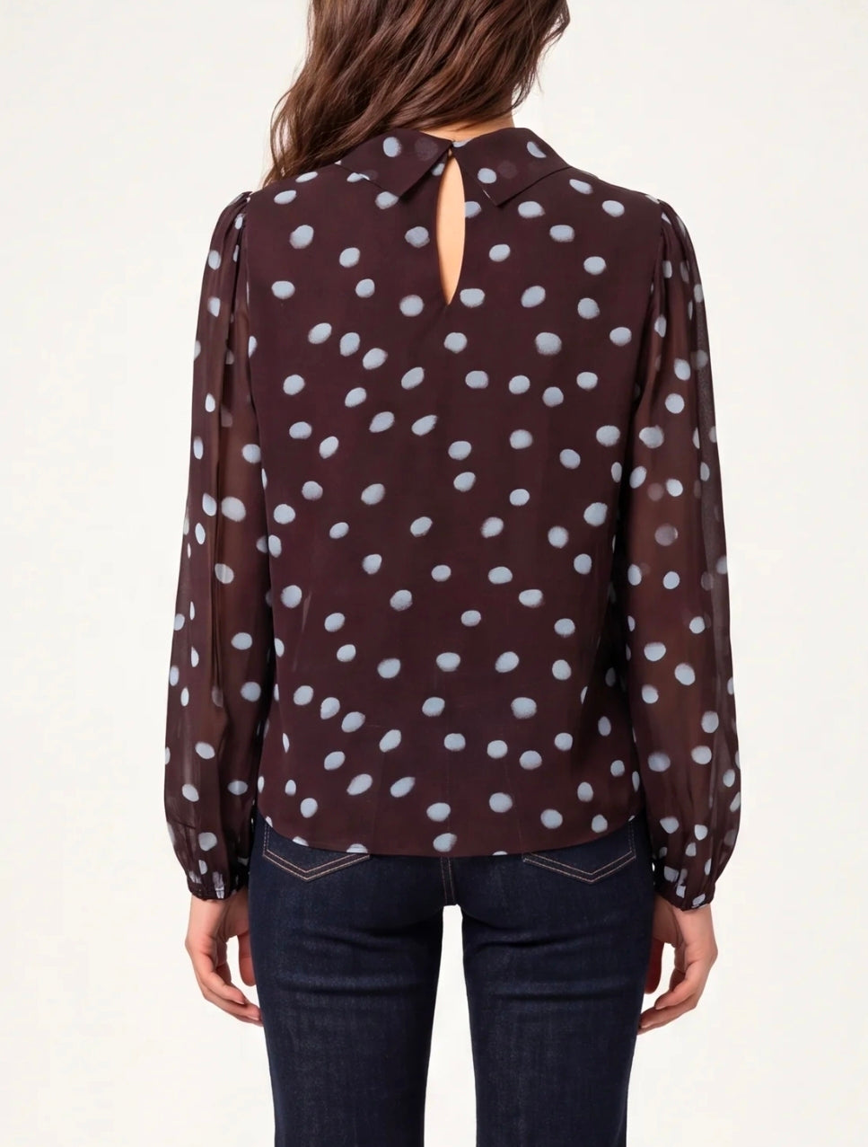 High Neck Puffball Chocolate Blouse with Blue Plokadots