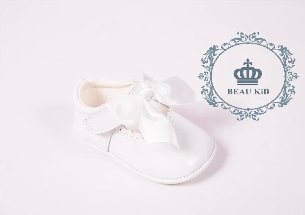 Baby Girls White Patent Soft Sole Shoe with Easy Velcro Fastening and Satin Bow Detail