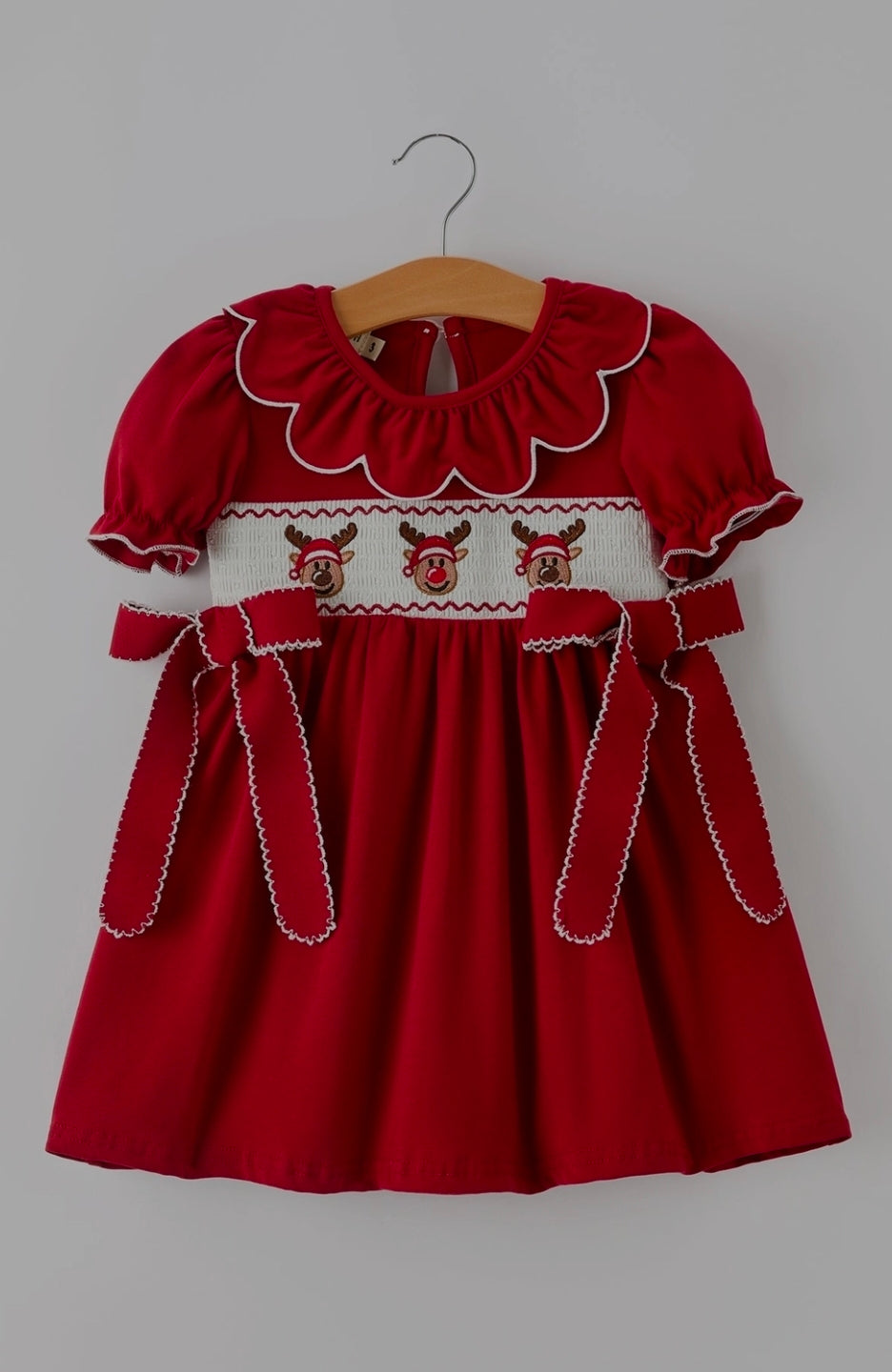 Girls Christmas Reindeer Smocked Red Bow Dress