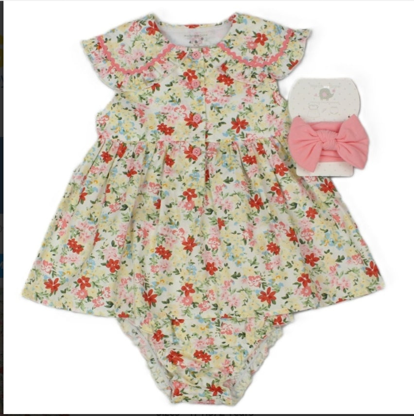 Baby girl all over print lined dress, pant and headband set