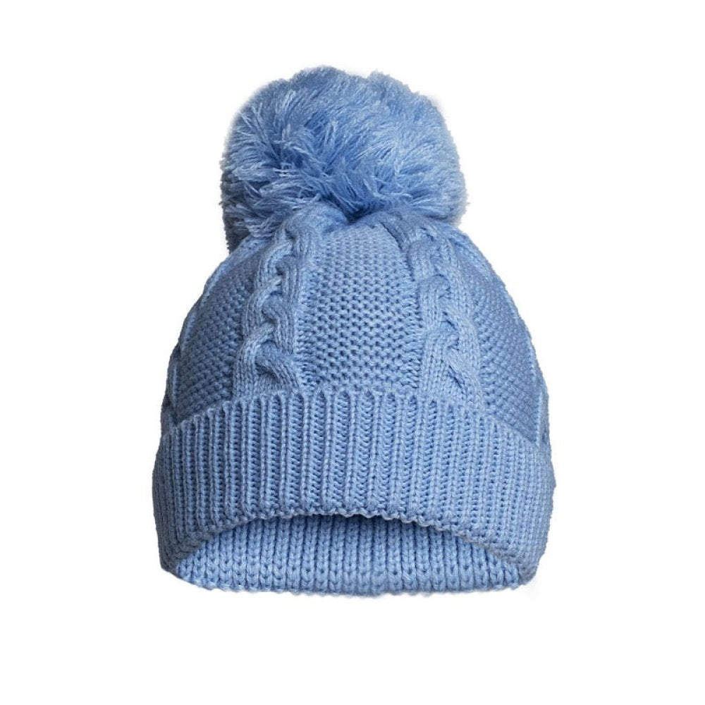 Blue Cable Knit Baby Hat with Pompom
