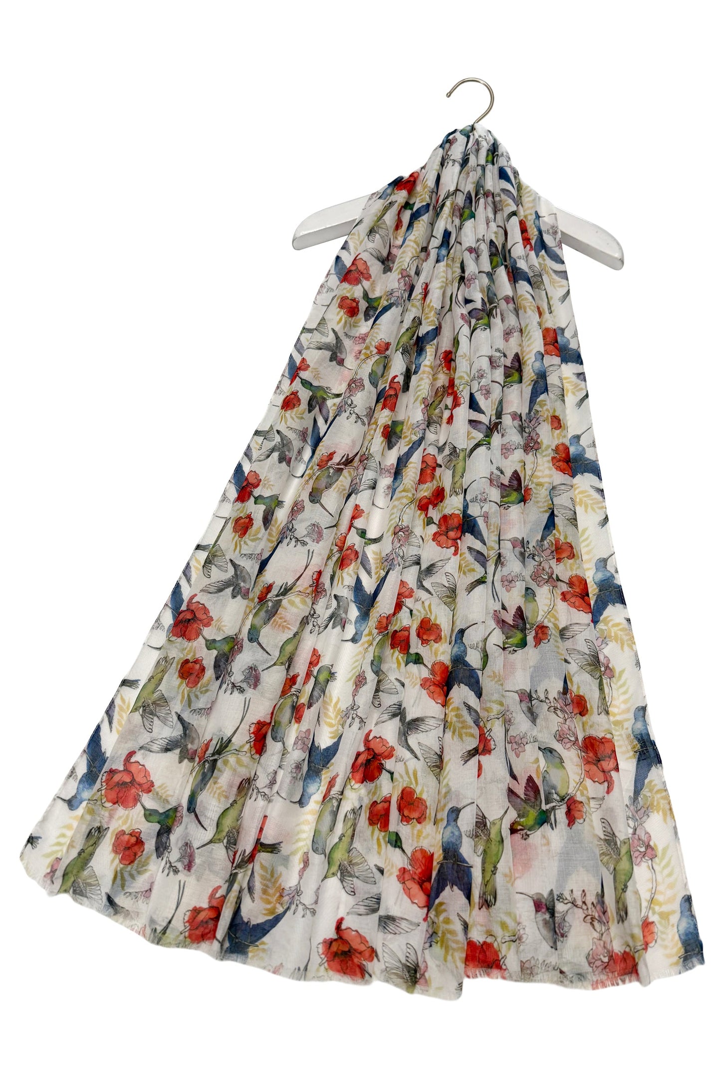 Hummingbird and floral print frayed scarf-white