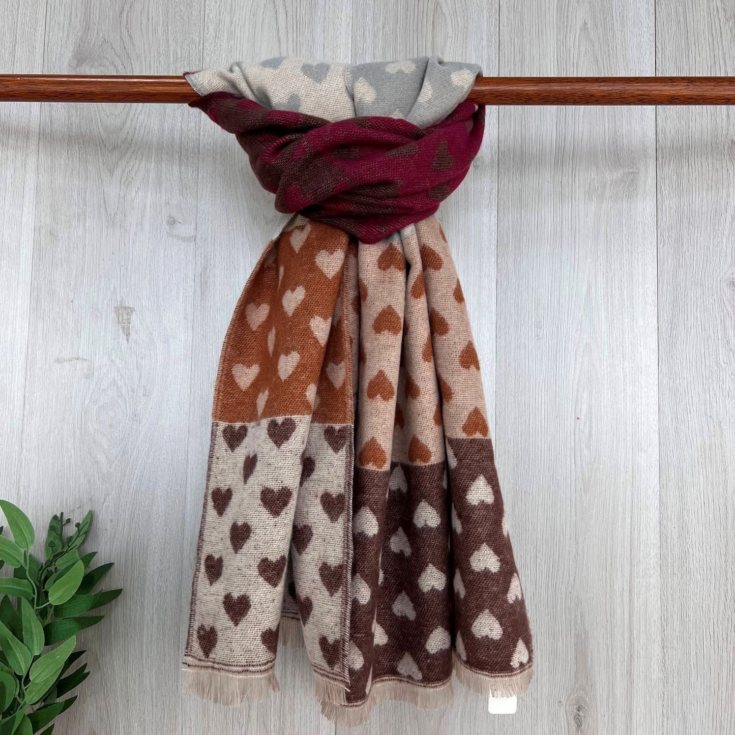 Brown Chunky Winter Scarf With Coloured Heart Squares Design