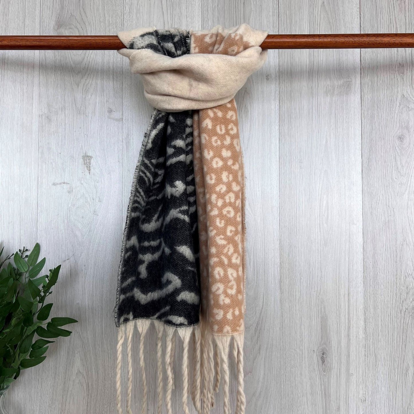 Beige Contrasting Sides Winter Fringed Scarf