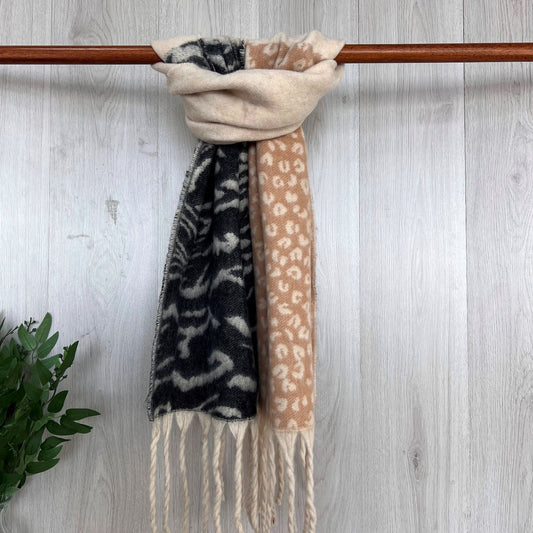 Beige Contrasting Sides Winter Fringed Scarf