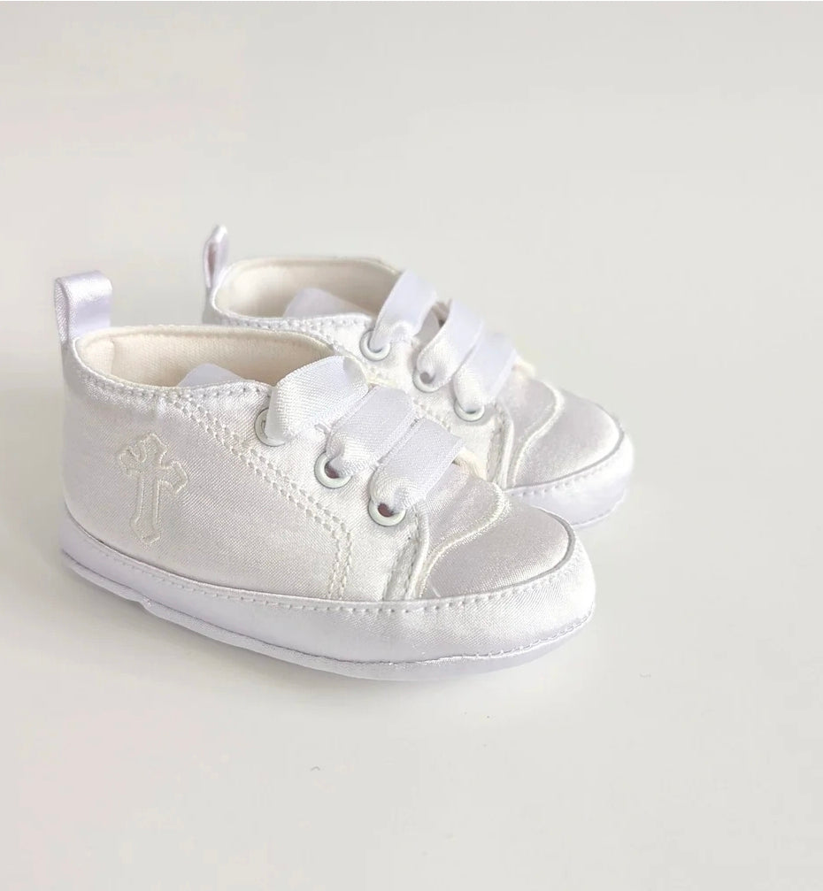 Baby Boys Soft White Christening Shoe, with Ribbon Tie Lace, Finished with Embroidered Cross.