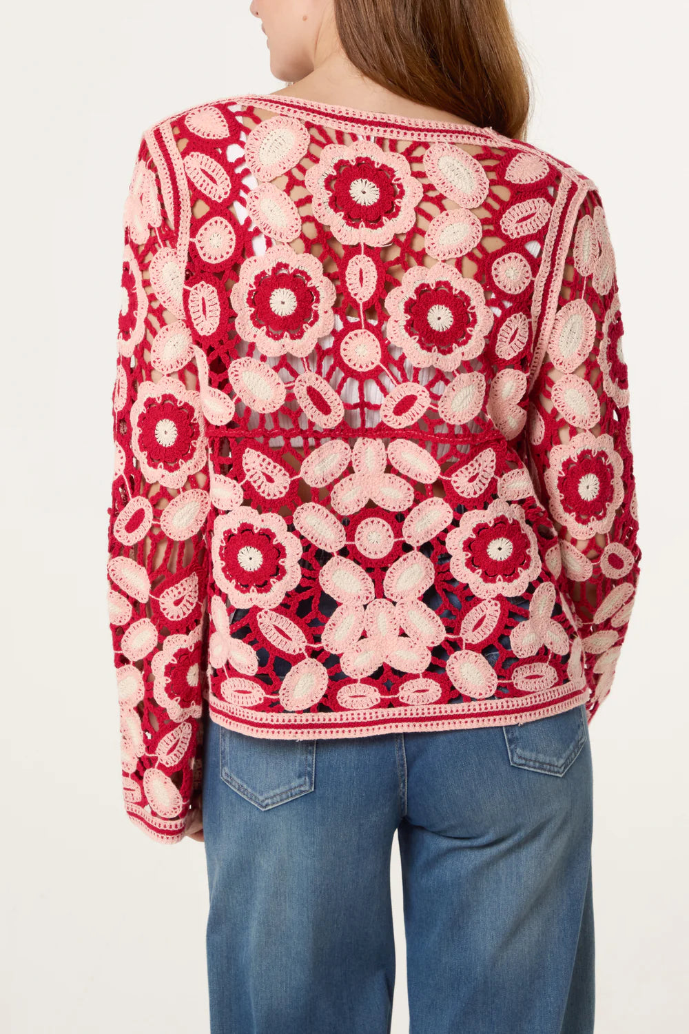 Abstract Floral Crochet V Cardigan in Pink