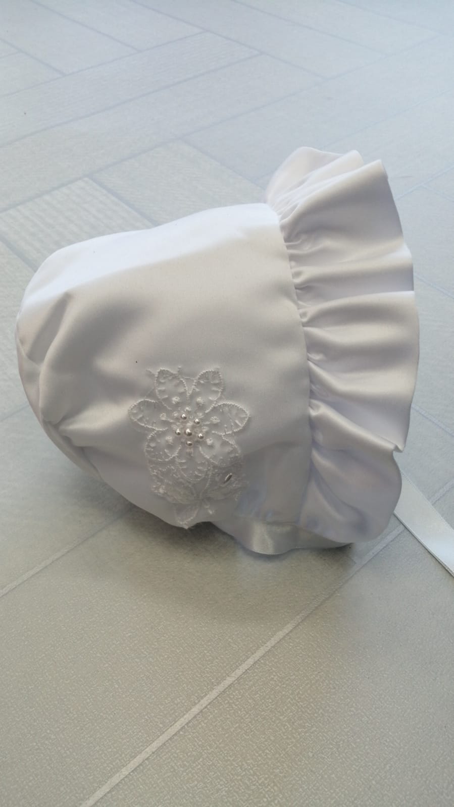 Satin flower christening hat