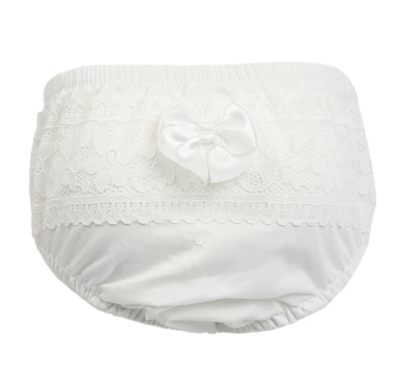 white floral lace frilly pant with satin bow (0-18 months)