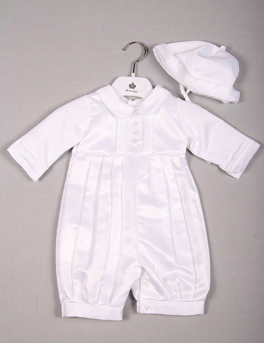 Baby boy satin feel christening romper with matching hat 10036