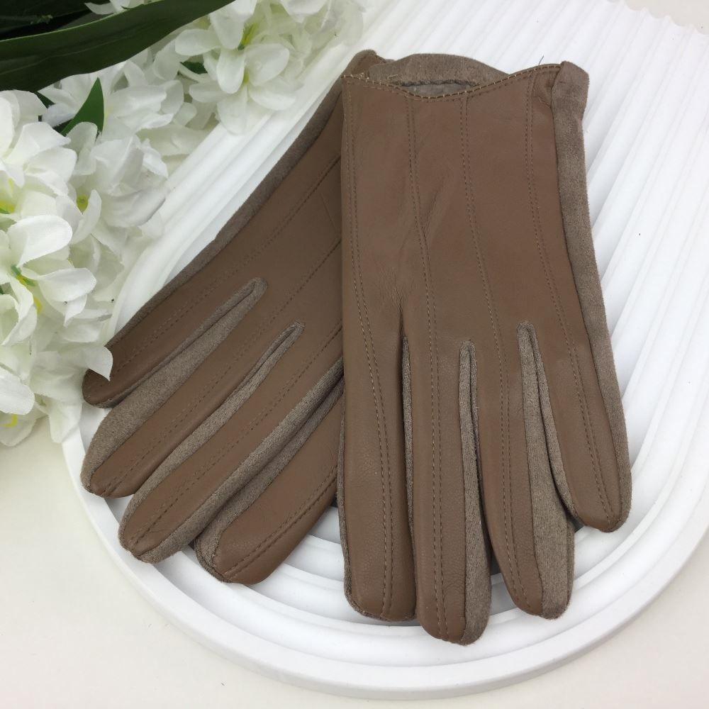 Ladies Half Leather Taupe Gloves