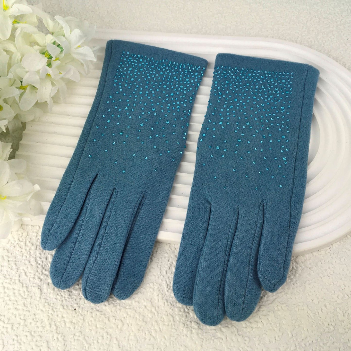Denim Blue Ladies Gloves with Sparkly Gems