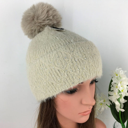Ladies Beige Knitted Hat with Silver Gem's