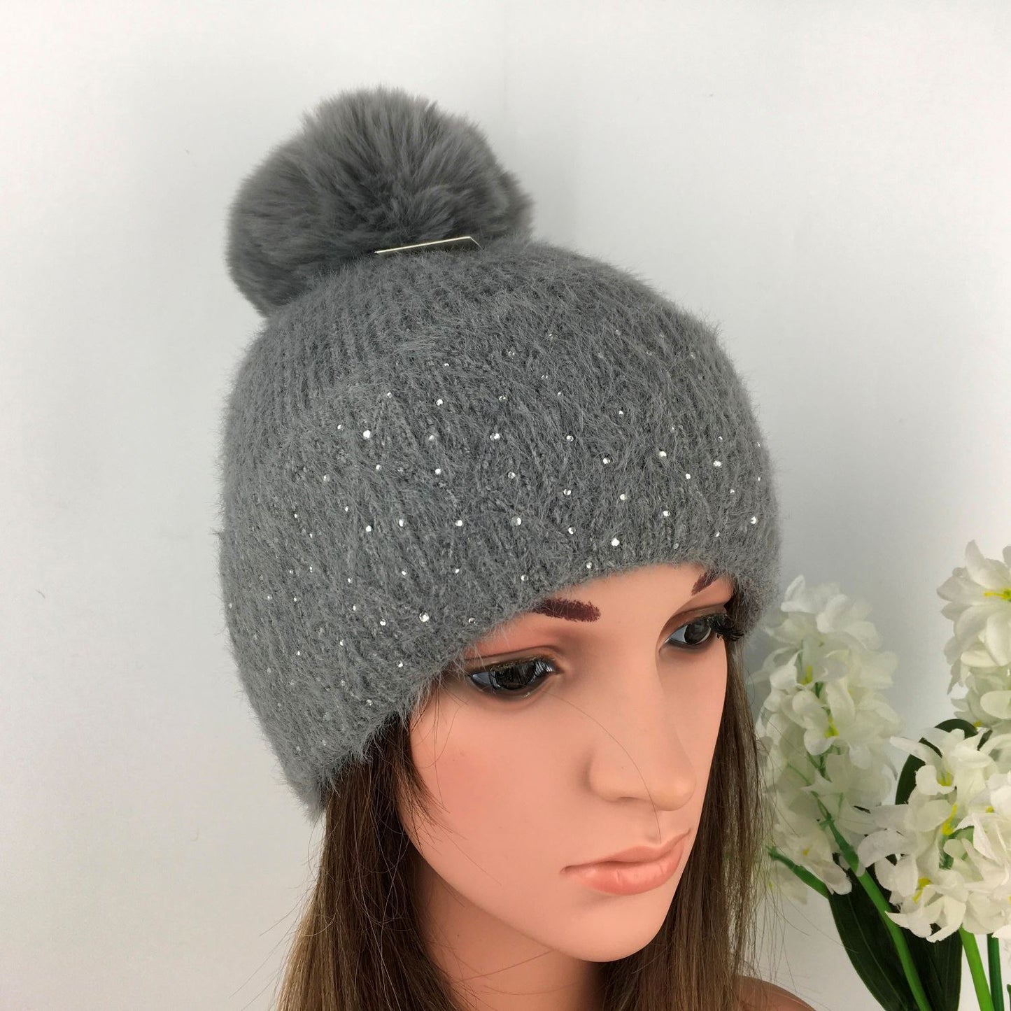 Ladies Grey Knitted Hat with Silver Gem's