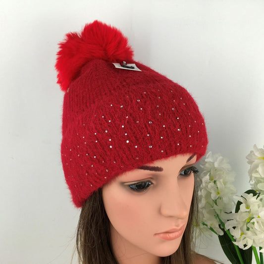 Ladies Red Knitted Hat with Silver Gem's
