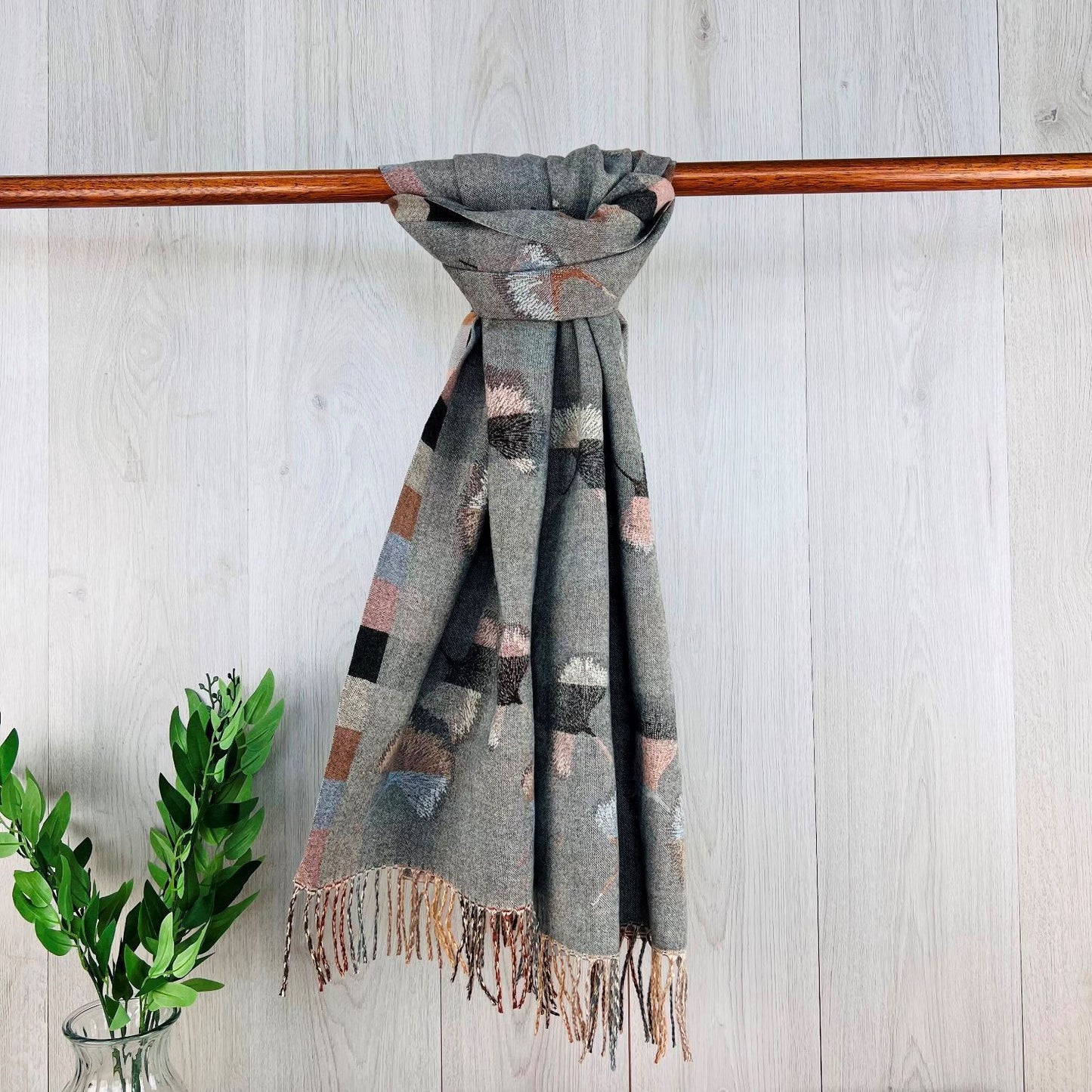 Grey Ladies Scarf with Leaf Print