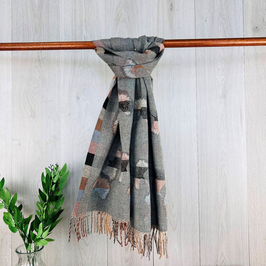 Grey Ladies Scarf with Leaf Print