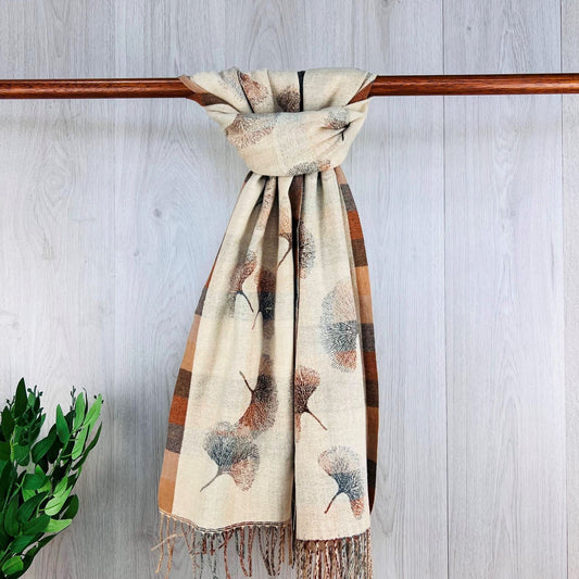 Beige Ladies Scarf with Leaf Print