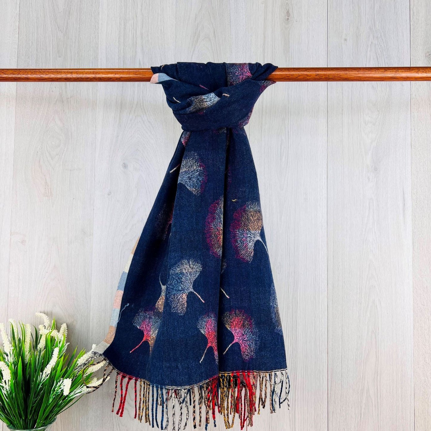 Navy Ladies Scarf with Leaf Print
