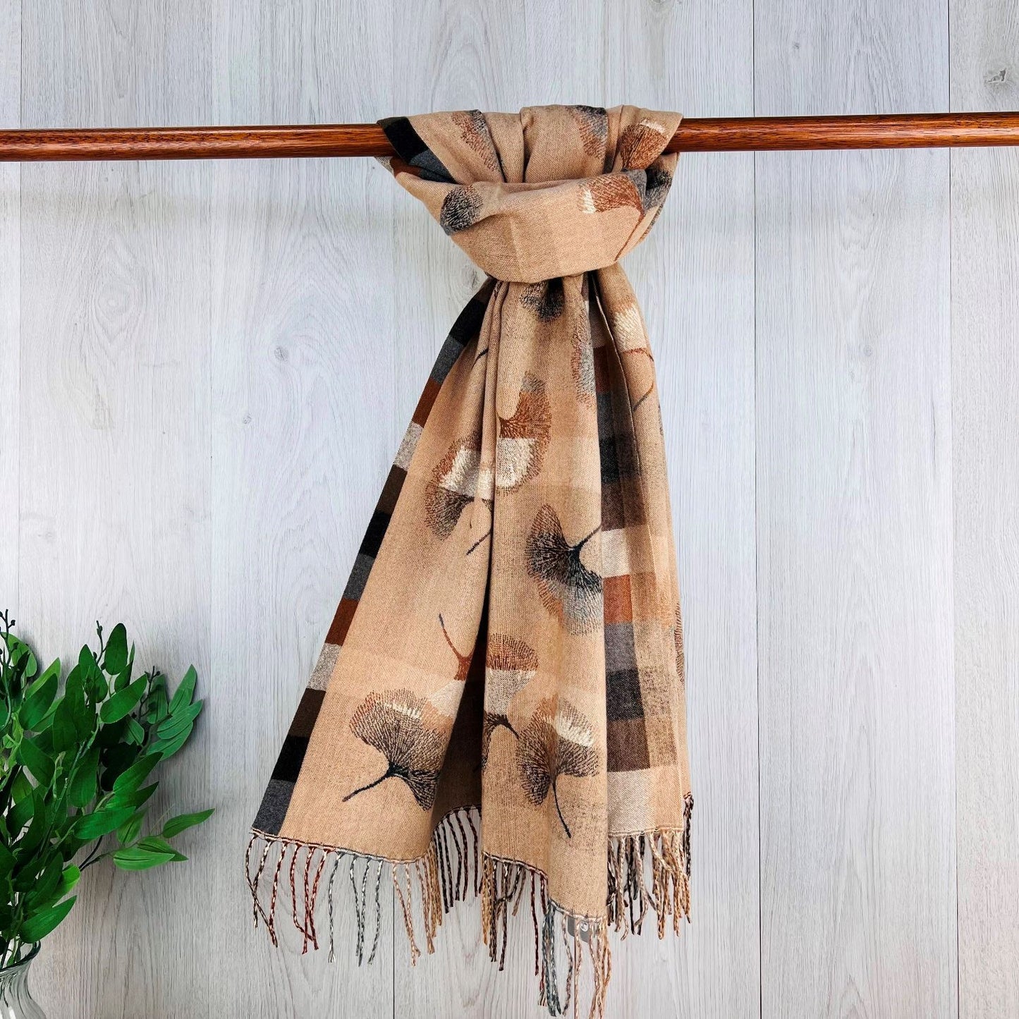 Camel Ladies Scarf with Leaf Print