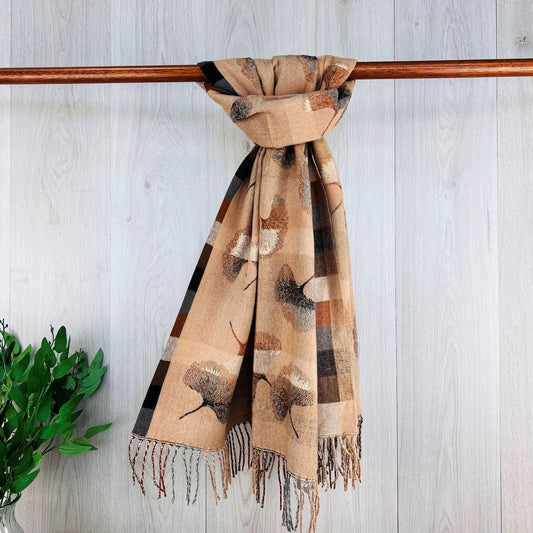 Camel Ladies Scarf with Leaf Print